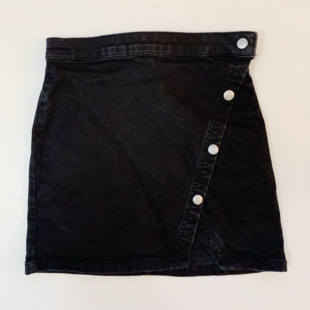 We The Free Asymmetrical Black Denim Jean Button Up Wrap Skirt 0 free people